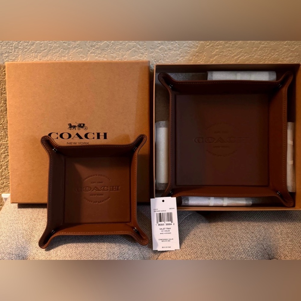 Coach Boxed Valet Tray Set of Two Brown Saddle Smooth Leather
